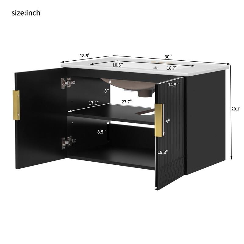 30" Bathroom Vanity with 3 Holes Single Ceramic Sink, 2 Soft Closing Doors