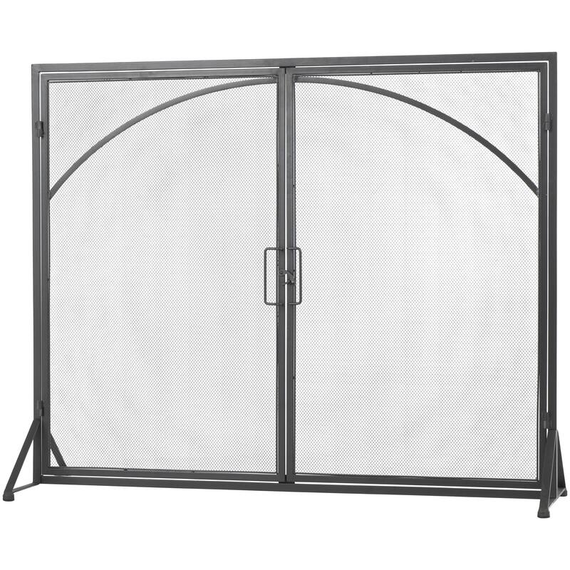 Black Metal Minimalistic Single Panel Fireplace Screen with Arch Inspired Doors and Handles