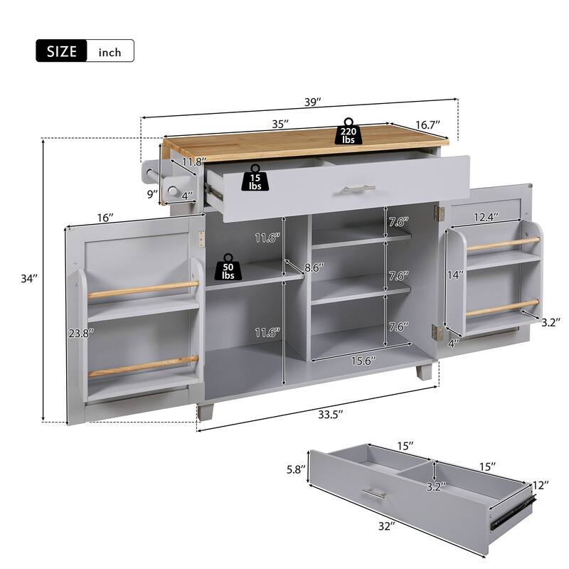 Rolling Kitchen Island with Storage, Kitchen Cart with Rubber Wood Top
