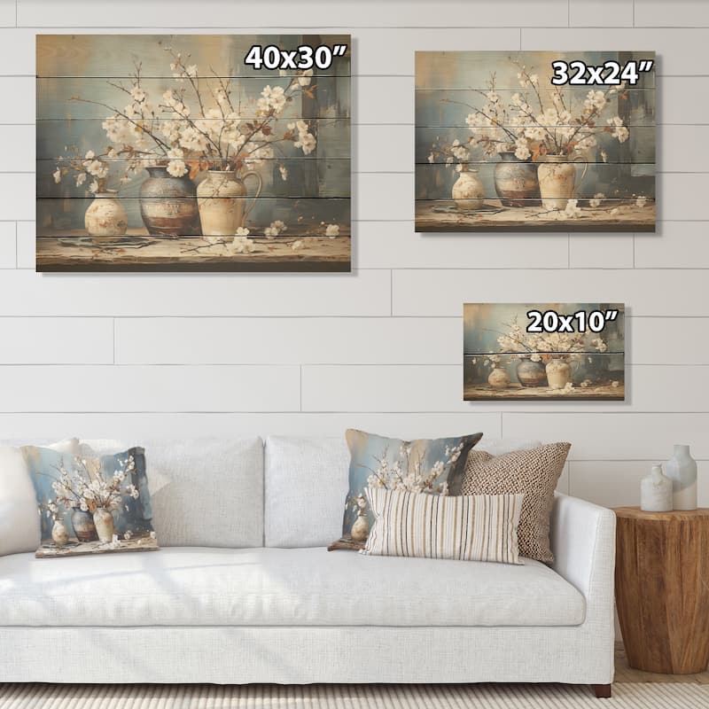 Designart "Pottery And Flowers Still Life I" Trees Wood Wall Decor - Traditional Brown Wood Panel On Natural Pine Wood