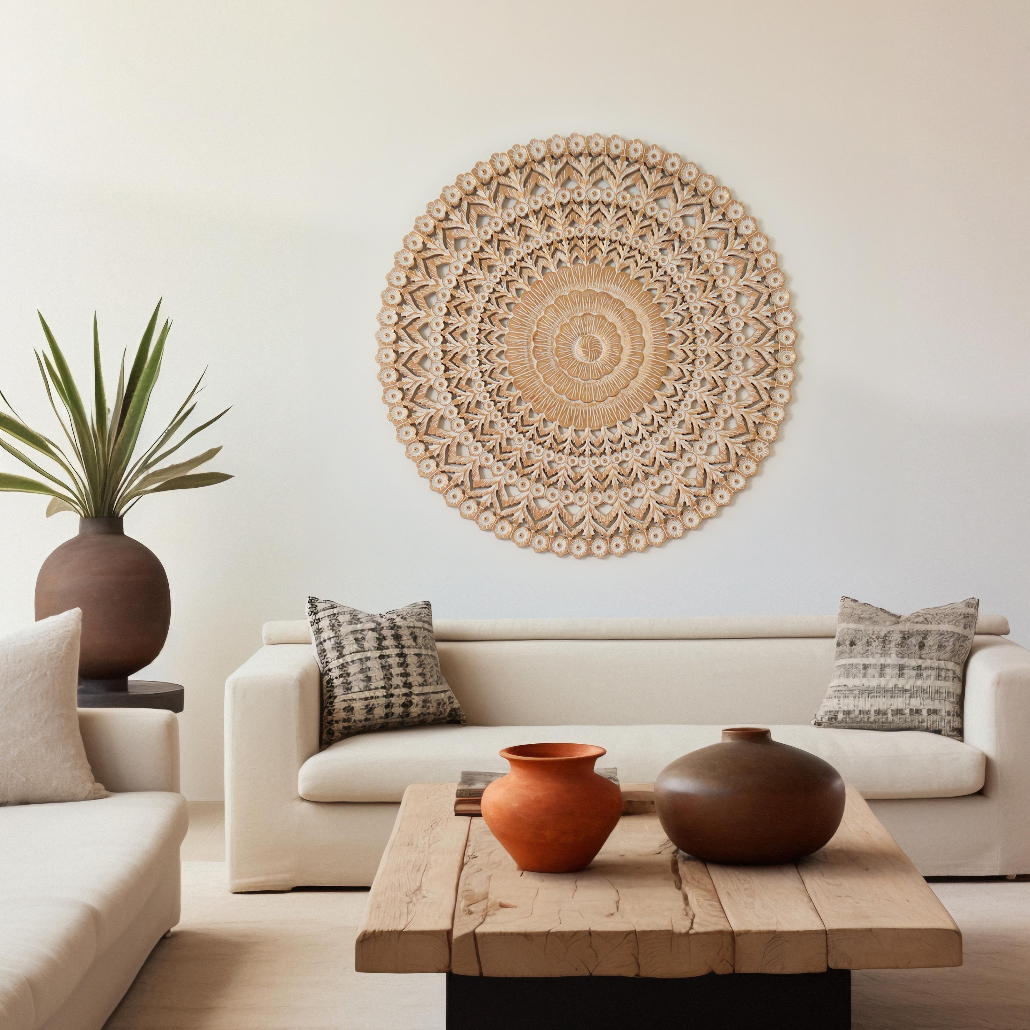 Wooden Floral Hand Carved Mandala Round Wall Decor-48"