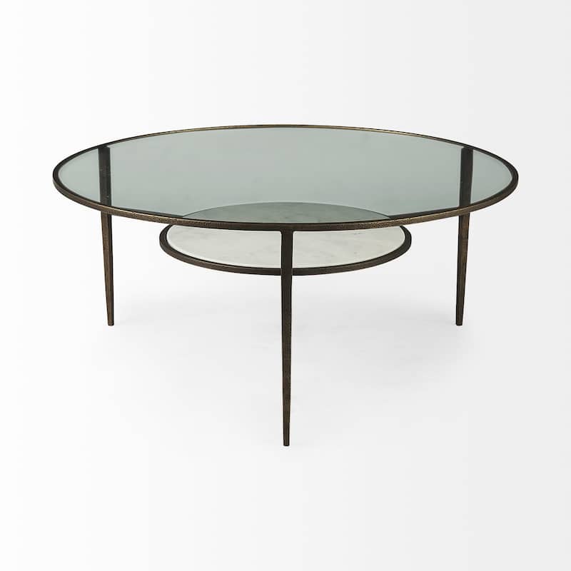 Felicity Glass Top w/White Marble Shelf & Antique Gold Base Coffee Table
