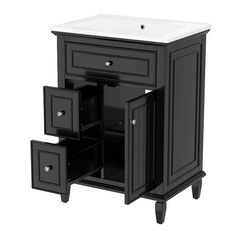 24" Bathroom Storage Vanity Cabinet with Ceramic Sink and Flip Drawer