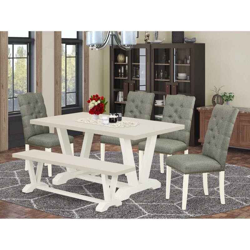 HomeStock 6-Pc Rectangle Natural Oak Finish Solid Wood Top Dining Table with 1-Bench, 4-Chairs