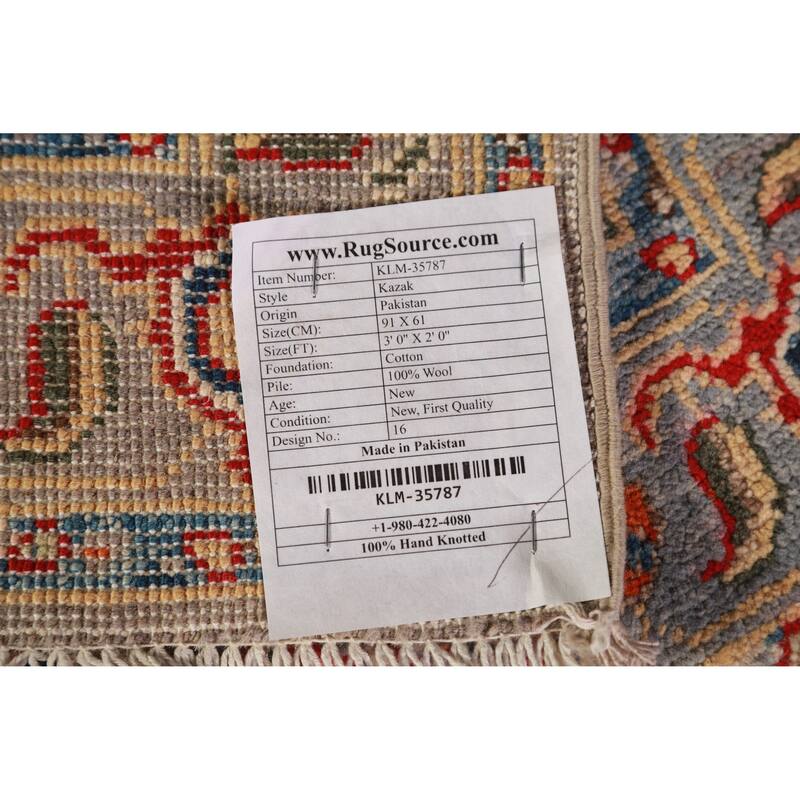 Traditional Kazak Oriental Rug Hand-Knotted Blue Wool Carpet - 2'0"x 3'0"