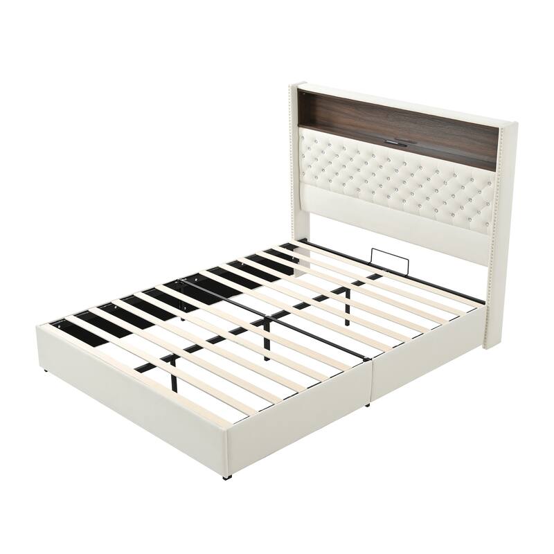 Queen Size Platform Bed Frame Tall Full-backed Headboard Velvet Tufted Upholstered Bed with Wingback USB Charging & Night Light