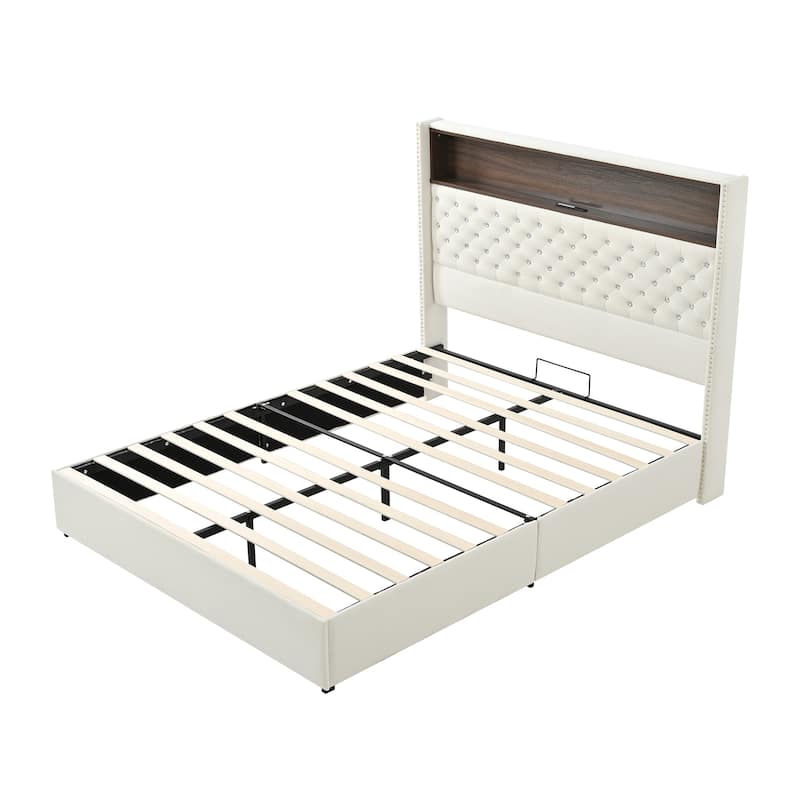 Velvet Tufted Wingback Bed Frame with Rivet Decoration Headboard Built-in Shelf USB Port and Night Light, Soft Platform Bed