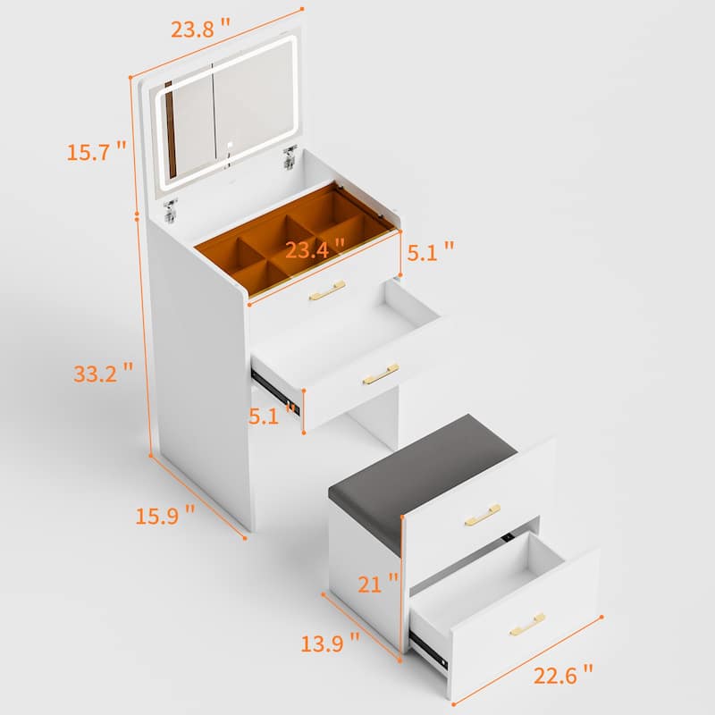 3-in-1 Vanity Desk with Visible Glass Desktop & Open Top Mirror