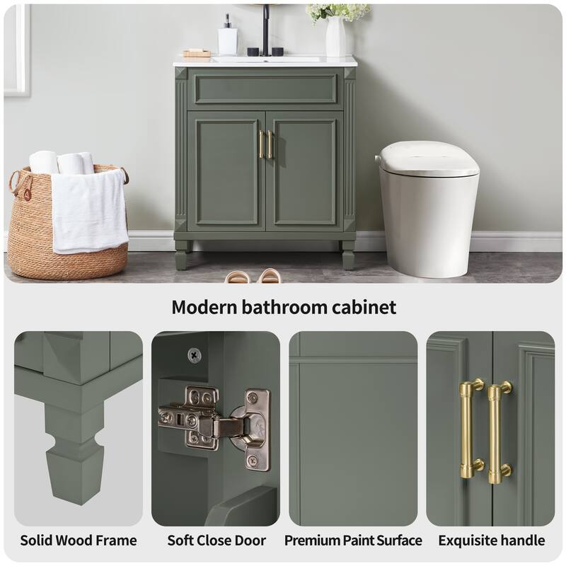 Modern 30" Freestanding Bathroom Vanity Cabinet Wood Frame with Ceramic Sink and Soft-Close Storage