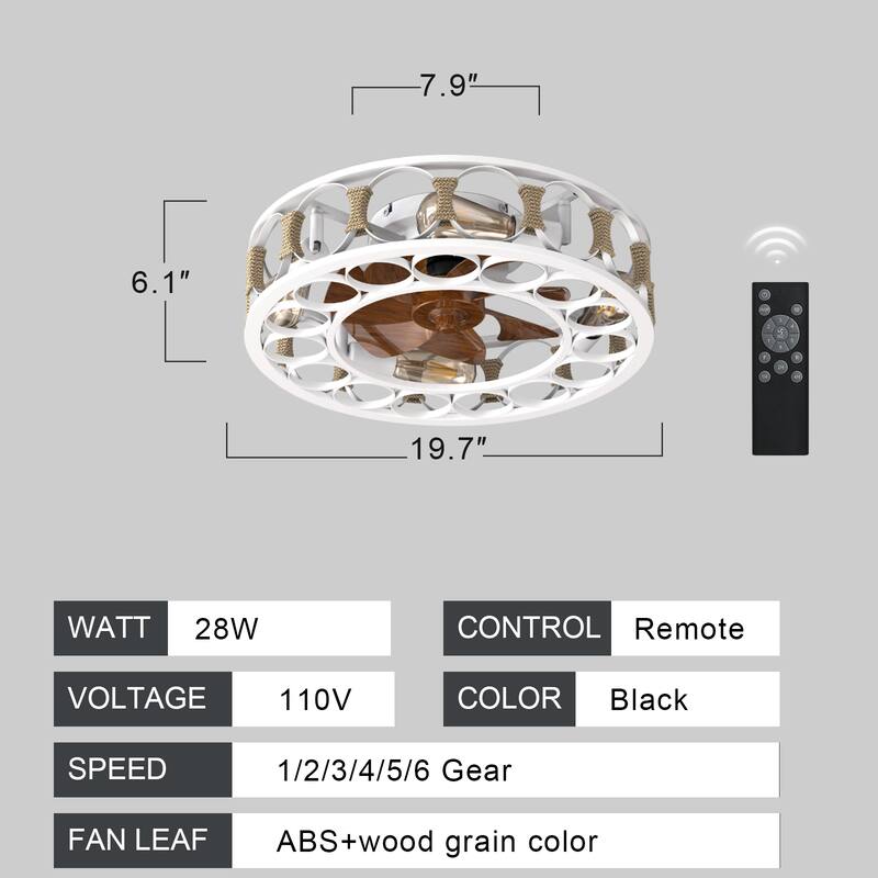 Oaks Aura 20in. Modern Industrial Low Profile Ceiling Fan with Light, Farmhouse Flush Mount Remote Control Ceiling Fan