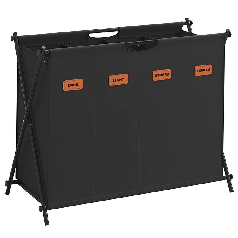 Large 4-Compartment Collapsible Oxford Laundry Sorter Basket with Removable Labels for Clothes Storage - 31.1"L x 15.7"W x 26"H - Black