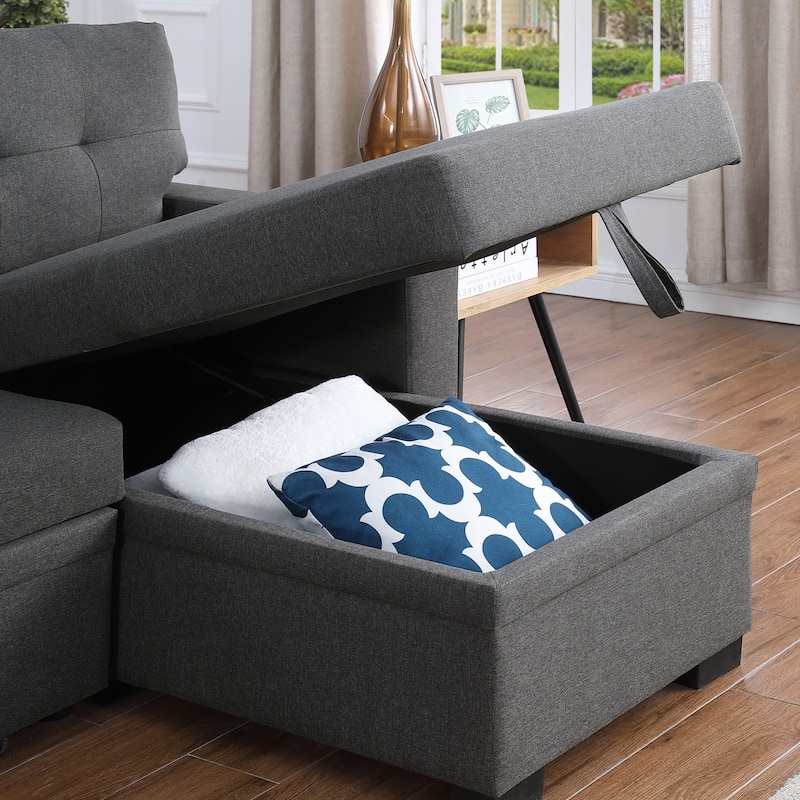 Linen L-Shaped Convertible Sectional Sofa Bed with Storage and Wooden Accent
