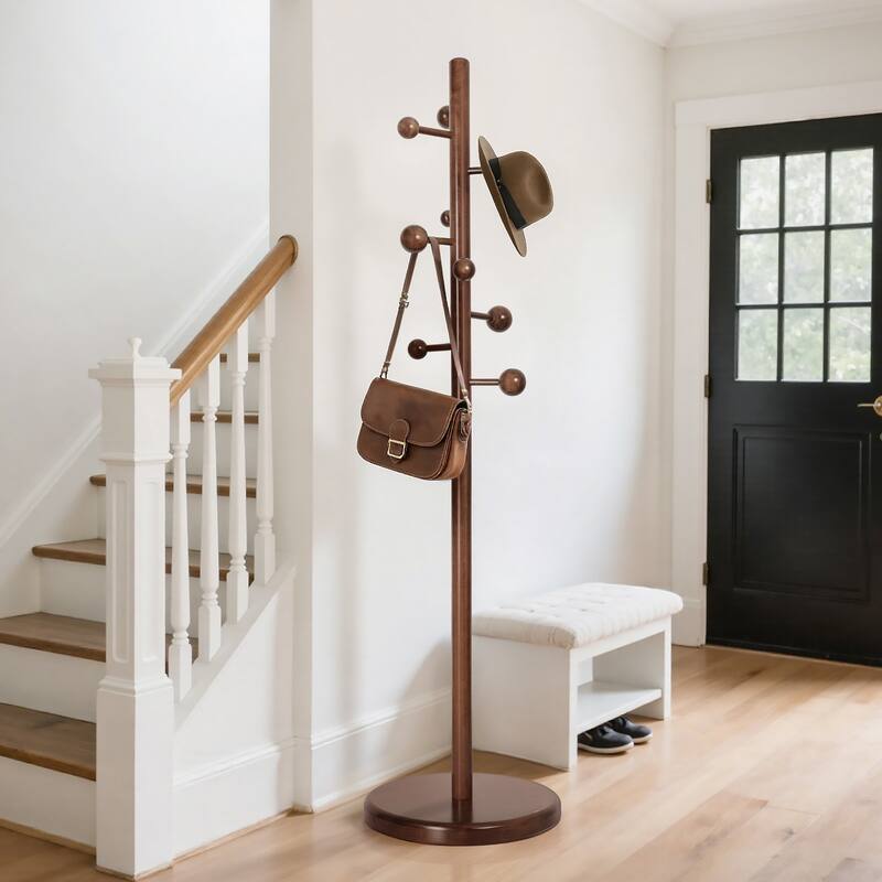 Solid Wood Coat Rack Freestanding Coat Tree Stand with 9 Hooks - 72.4"H x 15.4"W