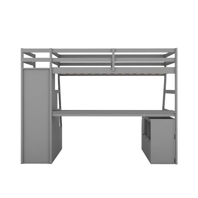 Gray Twin Size Wood Loft Bed with Drawers, Shelves, Ladder, and Desk