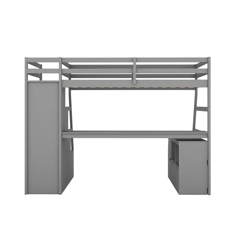 Twin Size Loft Bed with 7 Drawers, 2 Shelves, and Desk in Gray