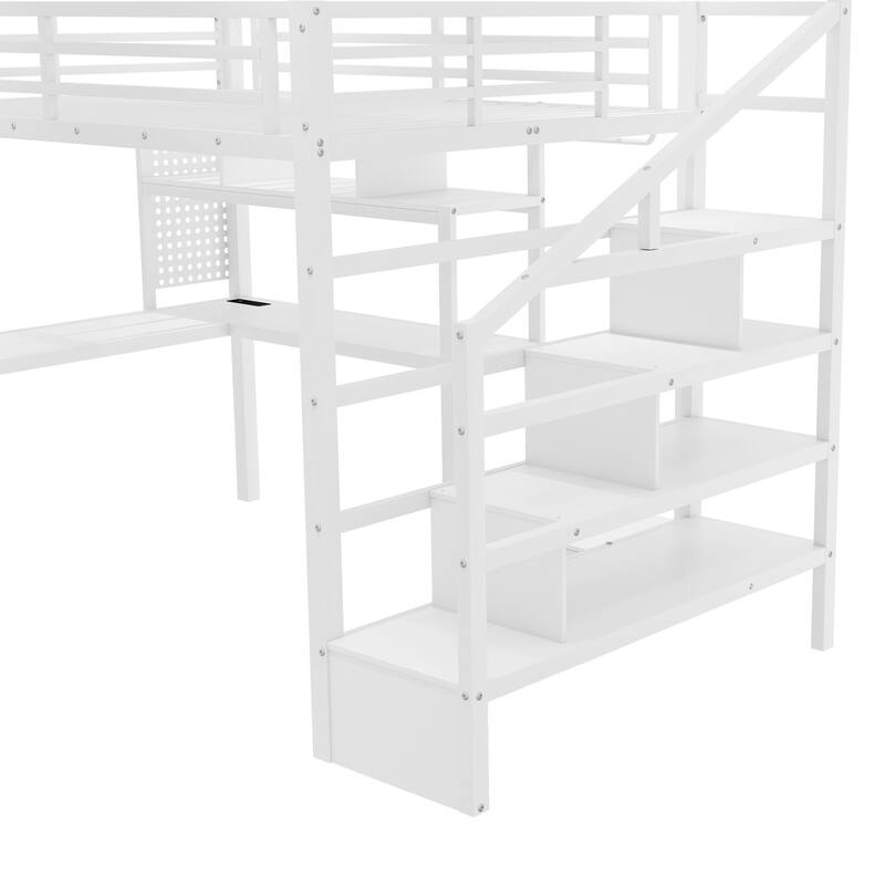 Full Size Metal Loft Bed with LED Lights, Desk, Staircase, and Wardrobe for Kids, White