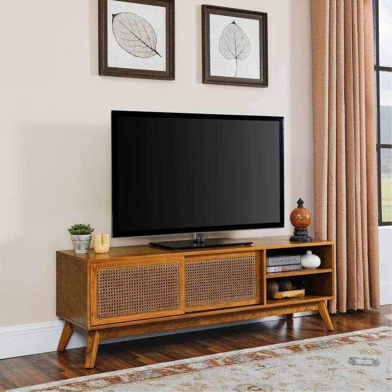 Mid Century Modern Rattan TV Stand for 65 Inch TV, Entertainment Cabinet, Media Console - Brown Ebony