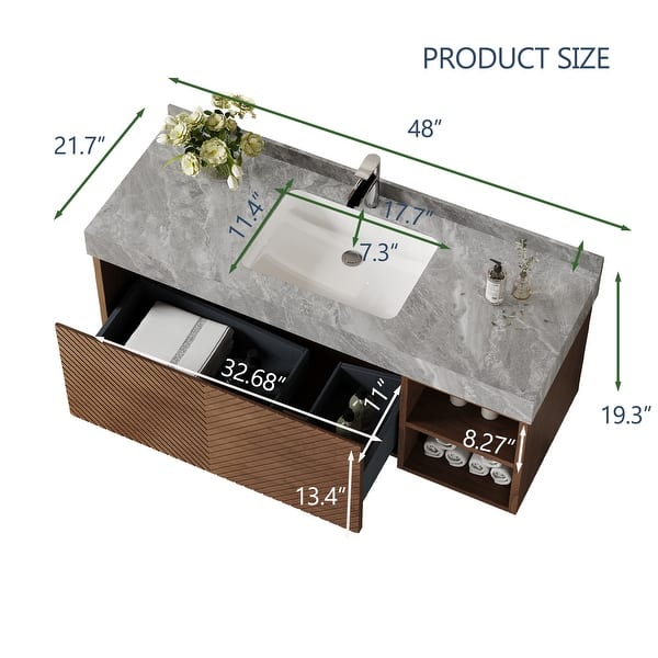 dimension image slide 6 of 10, 48" Modern Floating Single Bathroom Vanities with Sink, Brown or Natural wood, 2 Drawers
