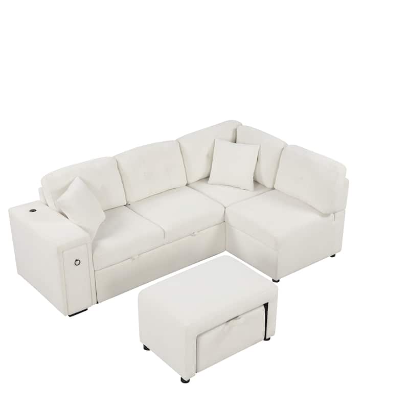 86.6" L-shaped Sleeper Sofa Bed Set with Ottoman and Cup Holders