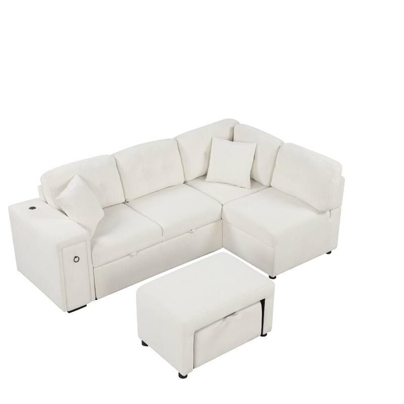 Convertible Sectional Sofa Bed with Ottoman, Chenille L-Shaped Pull Out Couch with Drawer 2 USB Ports & 2 Cup Holders