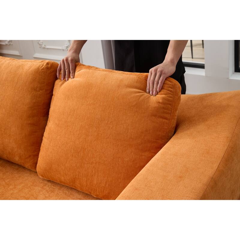Modern Minimalist Orange Chenille Fold-Out Sofa Bed, Convertible Chair Floor Couch