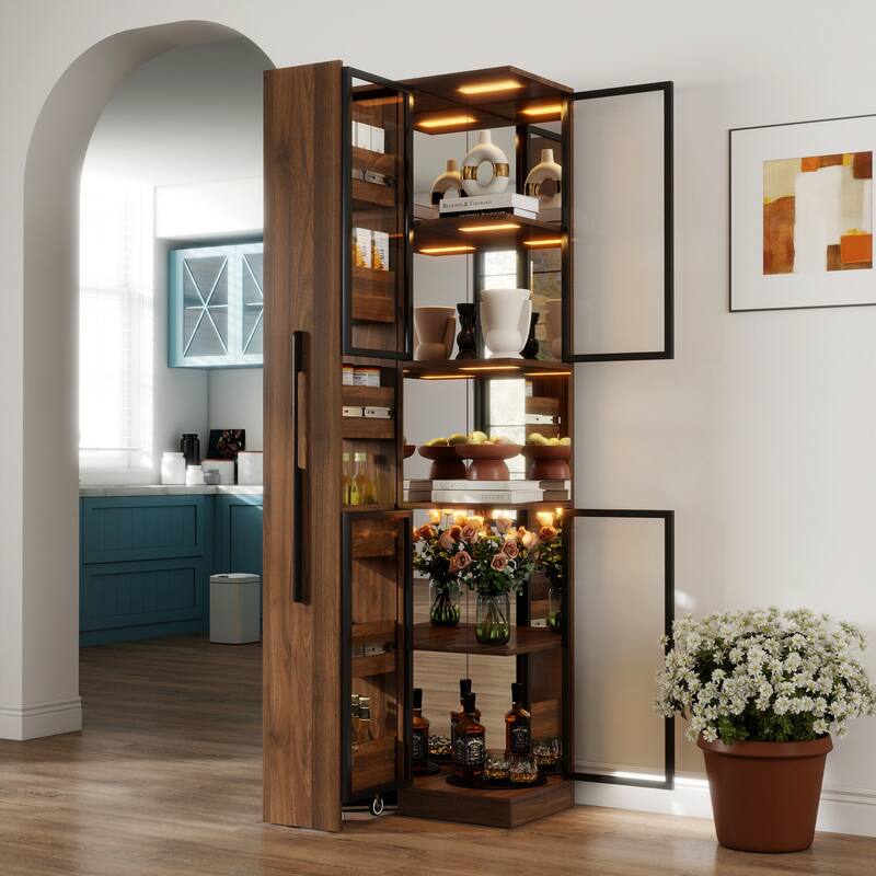 70" Display Cabinet With Glass Doors And Lights,Pull-Out Multi-Tier Storage Shelf,Wooden Display Storage Cabinets