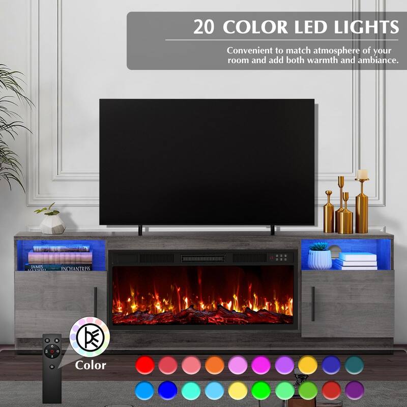 Bossin 70" Fireplace TV Stand with 36" Electric Fireplace, TV Stand for TVs Up to 80", 16 Colors LED Lights/Entertainment Center