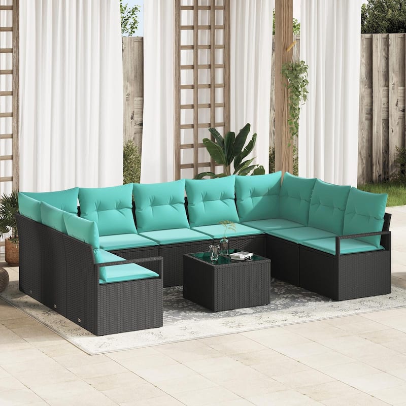 vidaXL 10 Garden Sofa Set with Cushions Black Poly Rattan - 113.8 x 69.7 x 27.2 - Black with table
