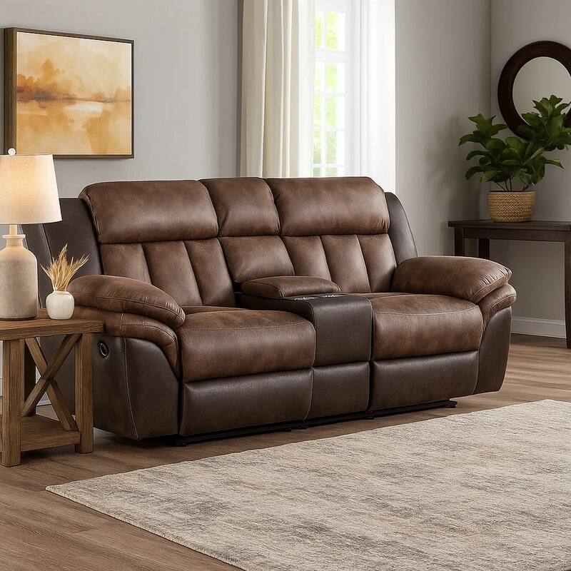 Motion Loveseat with Leatherette Upholstery and Channel Tufts, Brown