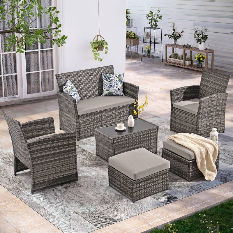 6-Piece Wicker Outdoor Sofa Set, 1 Loveseats, 2 Chairs, 2 Ottomans and 1 Table - Gray/Gray