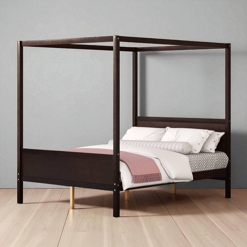 Queen Size Wooden Canopy Platform Bed with Headboard and Footboard, Slat Support, Underbed Storage - Espresso - Queen