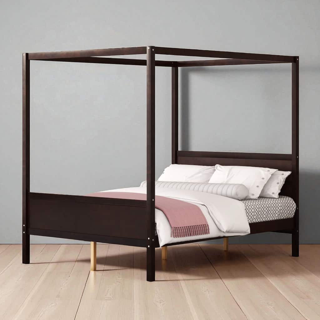 Queen Size Wooden Canopy Platform Bed with Headboard and Footboard, Slat Support, Underbed Storage