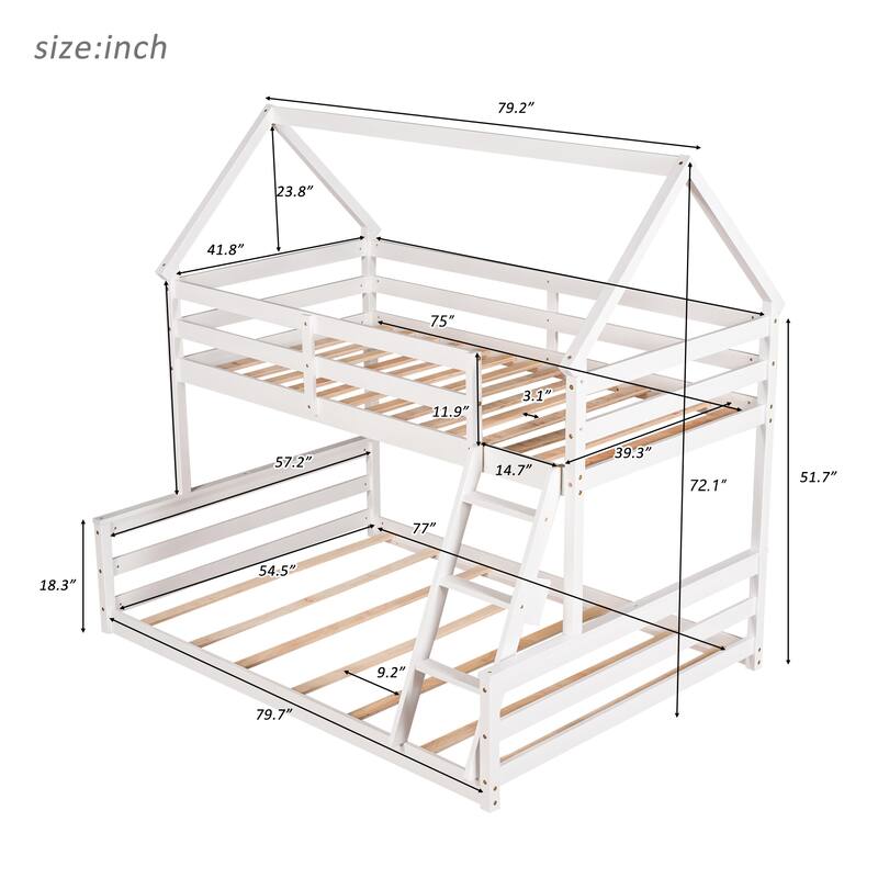 Twin Pine House Bunk Bed with Ladder and Guardrail