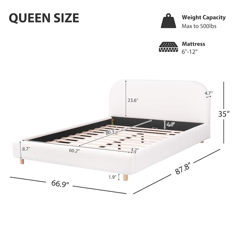 King/Queen Upholstered Platform Bed with Boucle or Velvet Fabric, Button Tufted Headboard