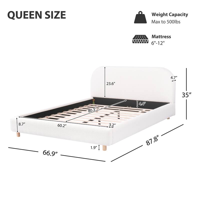 Modern Queen Size Upholstered Bed with Boucle Fabric and Curved Headboard, No Box Spring Required