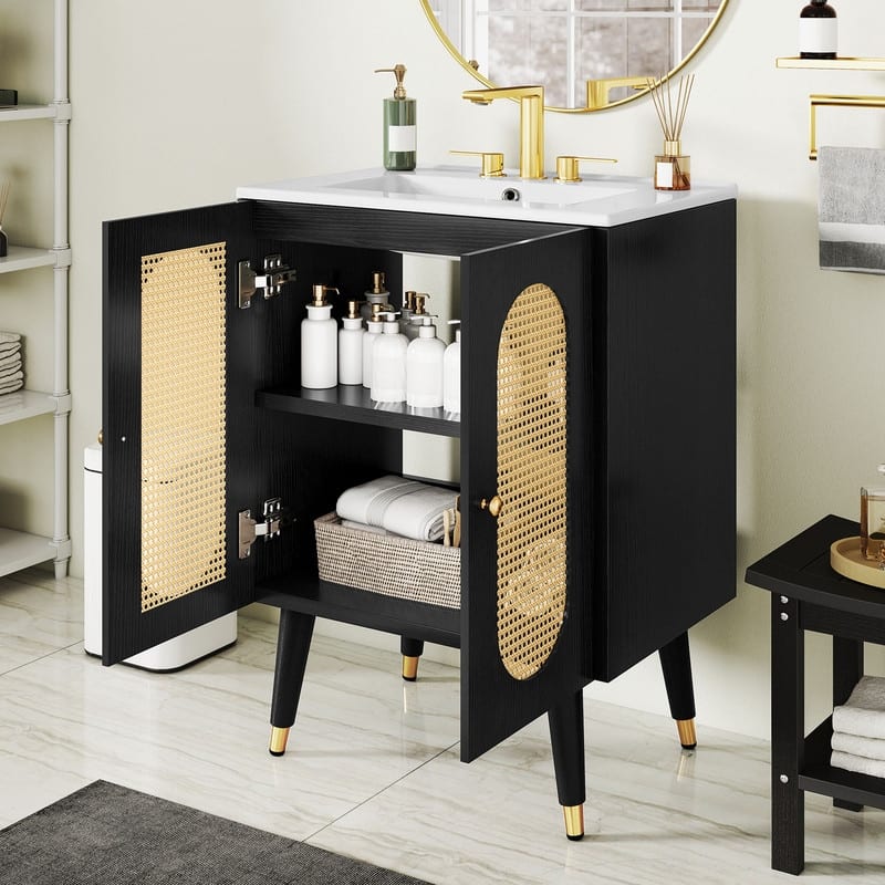 Moasis 24" Bathroom Vanity with Ceramic Sink, Rattan Double Door Cabinet and Drawer, Freestanding Solid Wood Legs