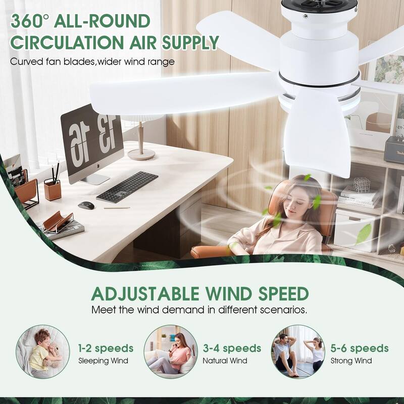 41" Modern Indoor Ceiling Fan with Lights, Low Profile LED Ceiling Fan with 5 Blades for Bedroom, Balcony, APP Control, 6-Speed
