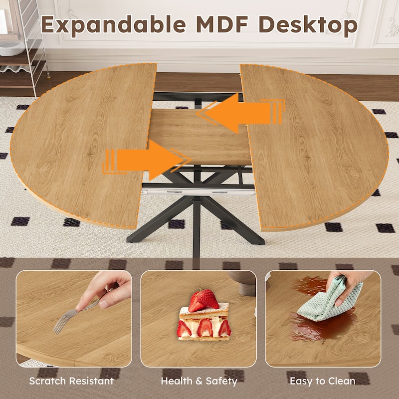 Extendable Round Dining Table for 2-6: 43" to 58" Oak Finish Expandable Table with Carbon Steel Space-Saving Base