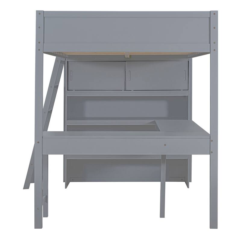 Full Size Loft Bed with Desk and Shelf in Gray and White