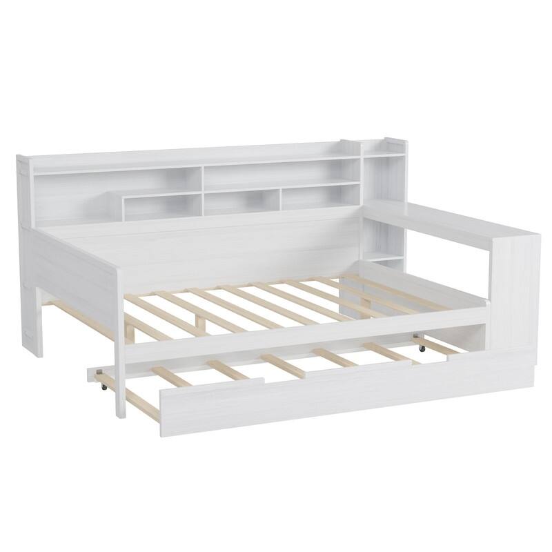 Wooden Daybed with Storage Shelves, Multi-functional Bed with Twin Size Trundle Bed and Study Desk