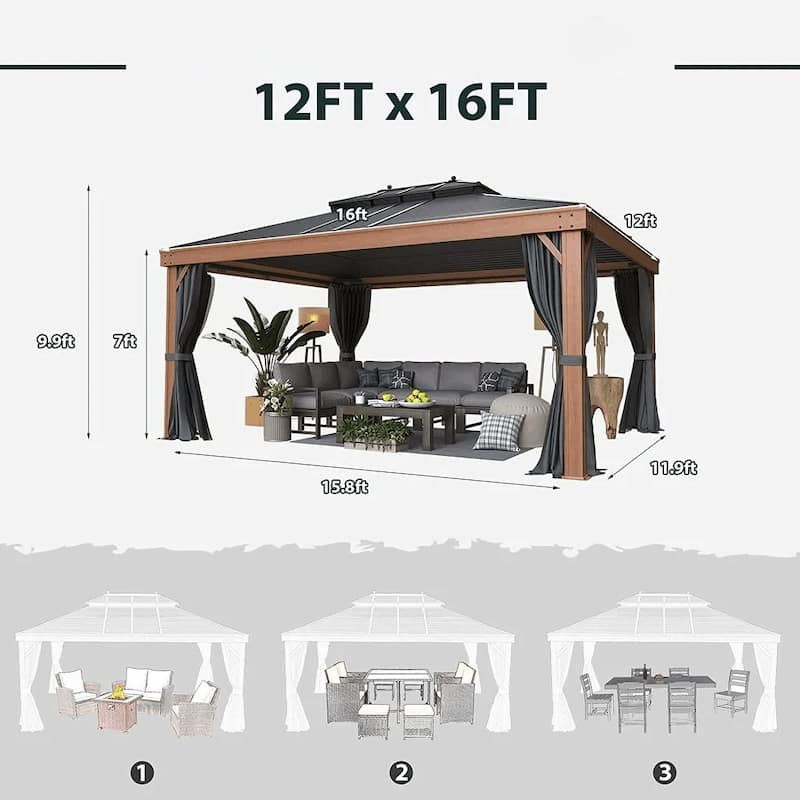 Outdoor Galvanized Steel Roof Gazebo Pergola w Wooden Coated Alumninum Frame, Privacy Curtains and Nettings Include