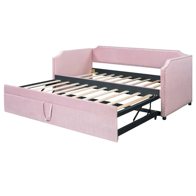Velvet Twin Daybed with Elevating Pop-Up Trundle & Nailhead Trim by Harper&Bright Designs