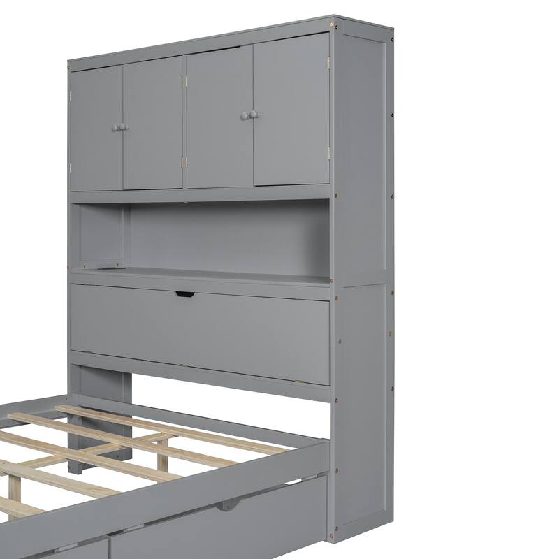 Full Size Wooden Platform Bed Multi-Functional Storage Bed with Flip-Up Headboard USB Charging