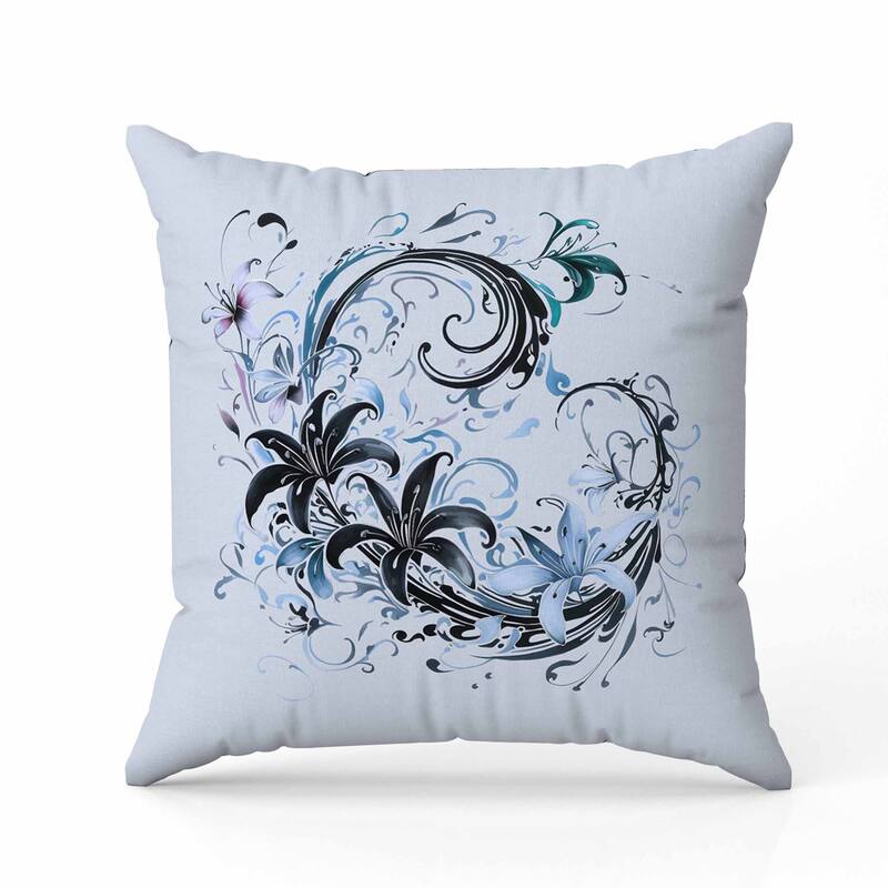 Petal and Swirl Faux Suede Reversible Throw Pillow Skyblue and Black