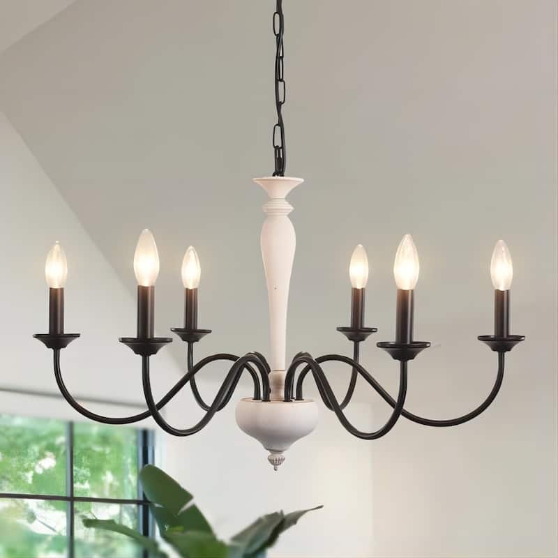 6-Light 27.95-inch Industrial Candle Chandelier Light for Bedroom Foyer - Black+Retro White
