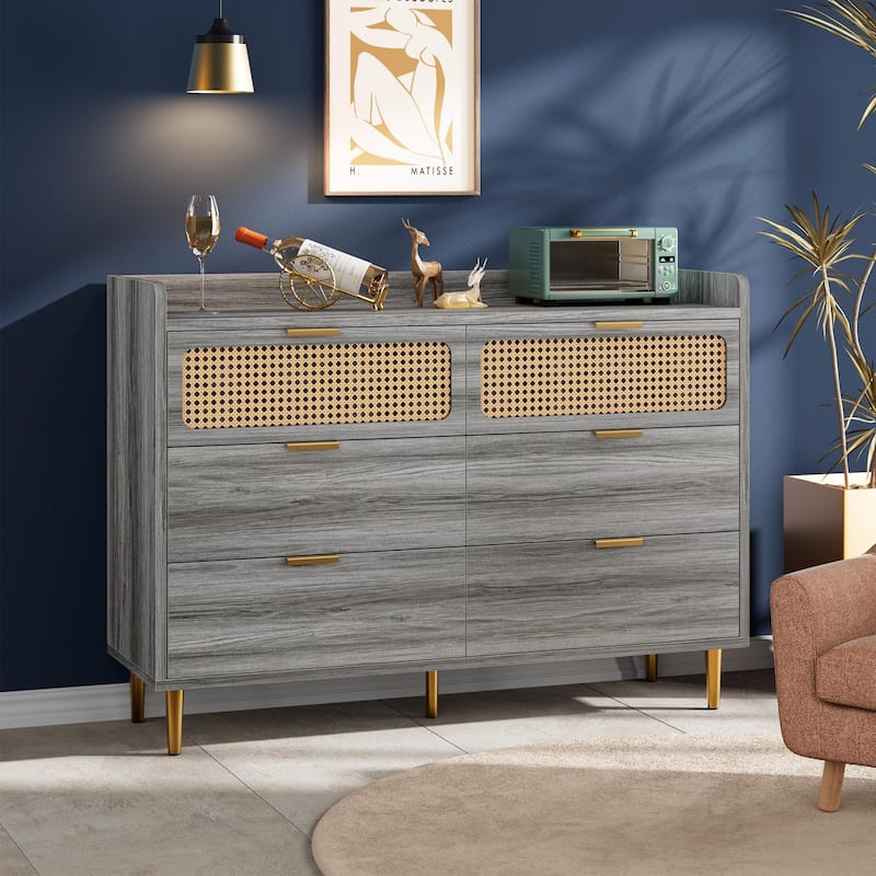 6 Drawer Double Dresser for Bedroom, Modern Chest of Drawers with Rattan Accents & Metal Legs