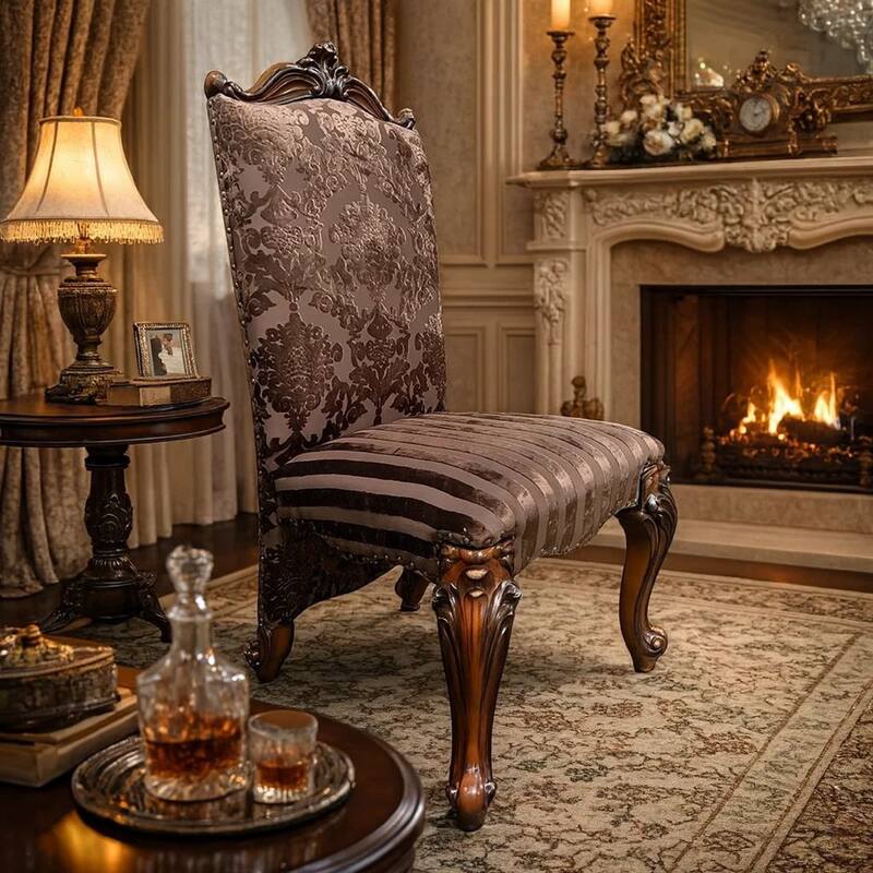 Faux Leather Upholstered Wooden Side Chair with Scrolled Carvings, Brown, Set of 2