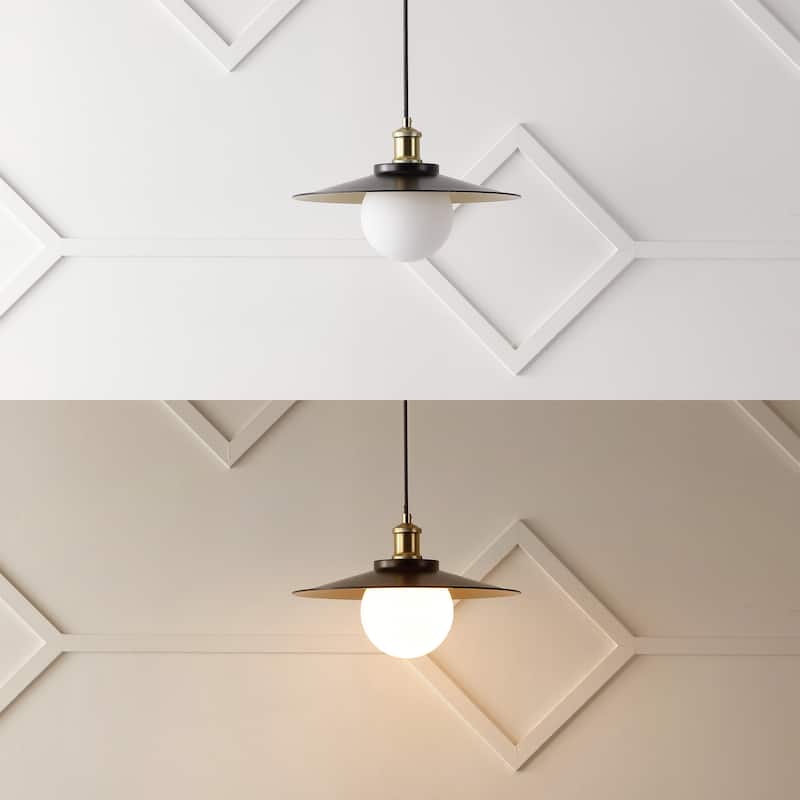 Helix 14.5" 1-Light Scandinavian Farmhouse Iron/Frosted Glass LED Pendant, Oil Rubbed Bronze/Brass Gold by JONATHAN Y