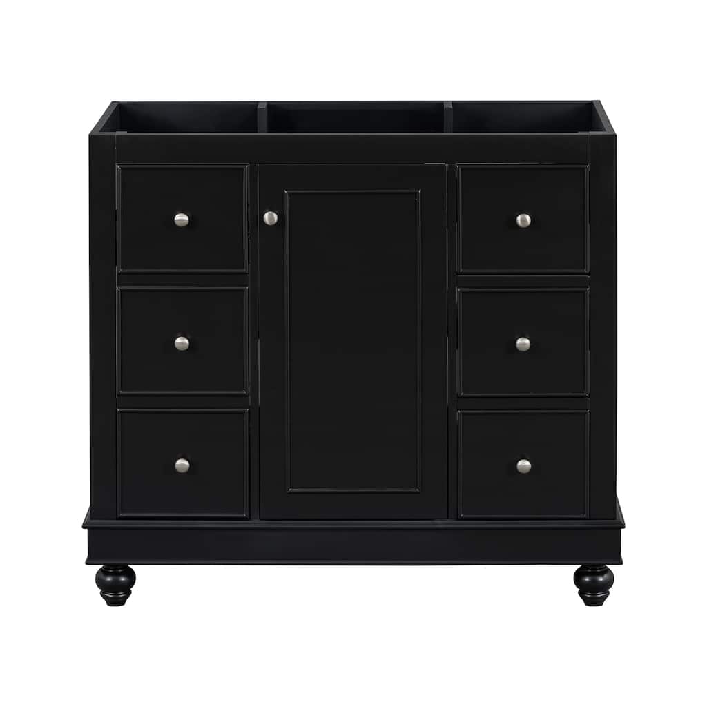 Roomfitters 36" Bathroom Vanity Cabinet Only, Storage Cabinet with 6 Drawers and Center Door, Sink Not Included, Black