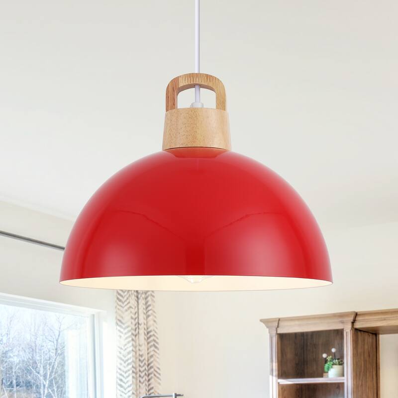 1-Light Rustic Hanging Pendant Light with Metal Shaded for Kitchen Island - Red